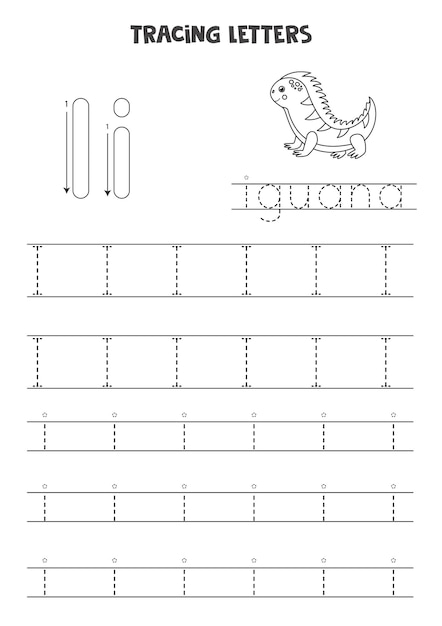 Rastrear letras do alfabeto inglês. letras maiúsculas e minúsculas i. prática de caligrafia para crianças em idade pré-escolar.