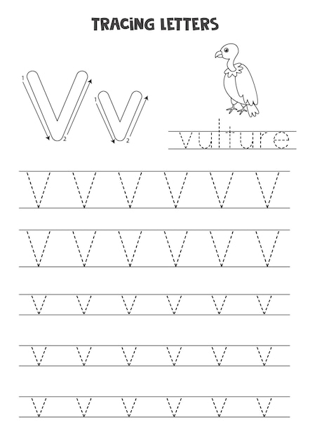 Rastrear letras do alfabeto inglês. Letras maiúsculas e minúsculas V. Prática de caligrafia para crianças em idade pré-escolar.