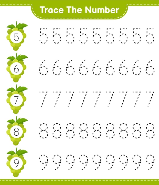 Rastreie o número. número de rastreamento com grape. jogo educativo para crianças, planilha para impressão