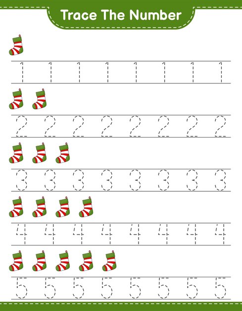 Rastreie o número número de rastreamento com ilustração vetorial de planilha para impressão de jogo educacional de meia de natal para crianças