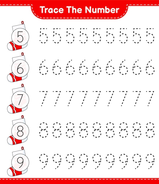Rastreie o número número de rastreamento com ilustração vetorial de planilha para impressão de jogo educacional de meia de natal para crianças