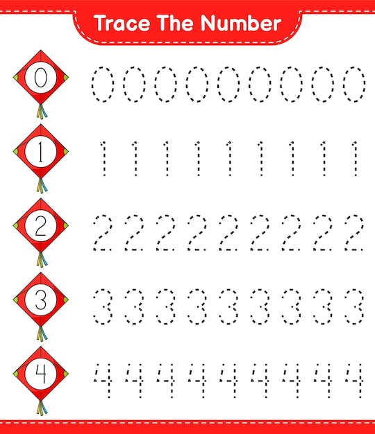 Rastreie o número. número de rastreamento com kite. jogo educativo para crianças, planilha para impressão, ilustração vetorial