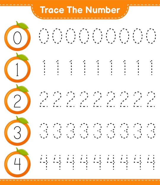 Rastreie o número. número de rastreamento com laranja. jogo educativo para crianças, planilha para impressão