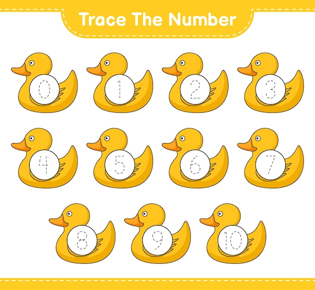 Rastreie o número. número de rastreamento com pato de borracha. jogo educativo para crianças, planilha para impressão, ilustração vetorial