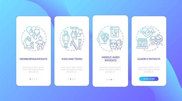 Rastreios de saúde por idade; tela de página de aplicativo móvel de integração com conceitos. bebês e pacientes de meia-idade seguem as instruções gráficas de 4 etapas. modelo de interface do usuário com ilustrações coloridas rgb