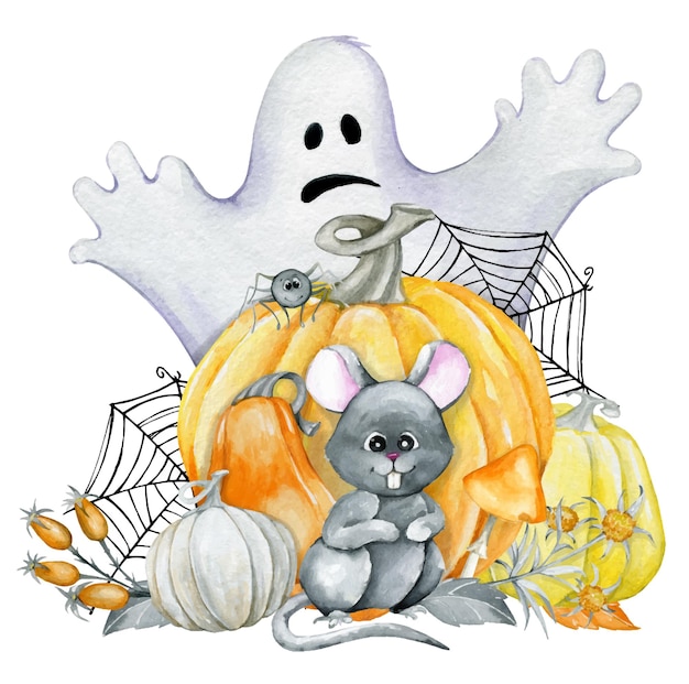 Rato abóbora fantasma aranha teia de aranha planta aquarela clipart estilo de desenho animado para um feriado de halloween