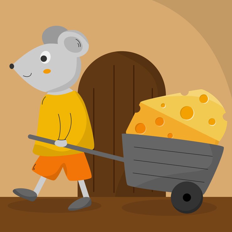 Vetor rato carregando um carrinho de mão com queijo