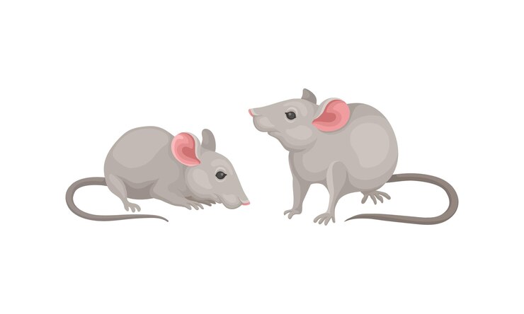 Vetor rato como pequeno roedor com orelhas arredondadas e casaco cinzento em diferentes poses conjunto vetorial