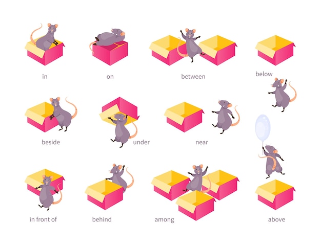 Rato de desenho animado com caixa mostra diferentes preposições de lugar vector crianças jogo educacional