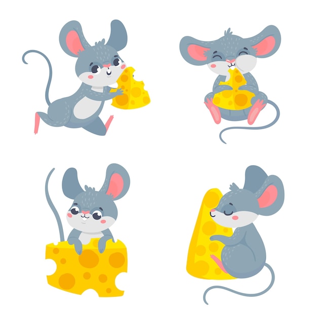Rato de desenho animado com queijo Personagens sorridentes segurando pedaços de comida Animal brincalhão correndo comendo lanche