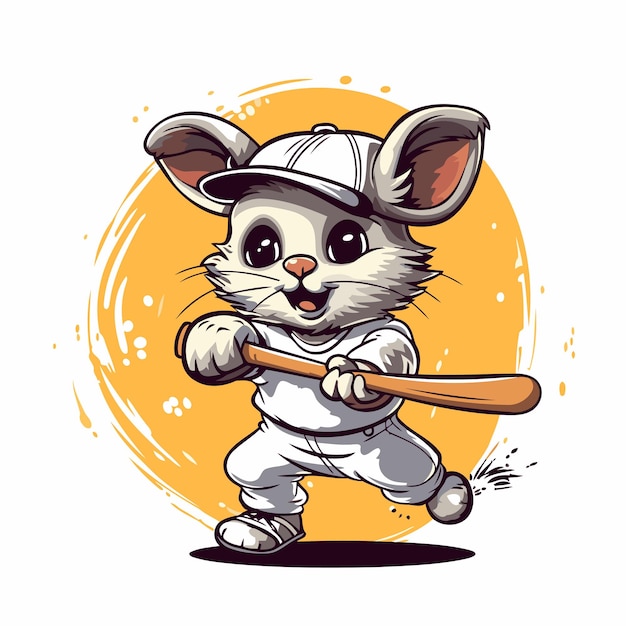 Vetor rato de desenho animado com taco de beisebol ilustração vetorial em fundo branco