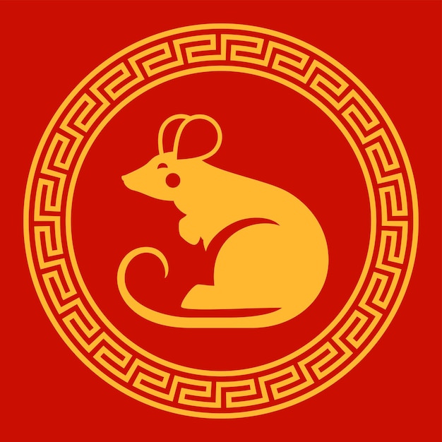 Rato dourado ano novo chinês círculo ornamento de moldura antiga vintage ícone monocromático vetor plano
