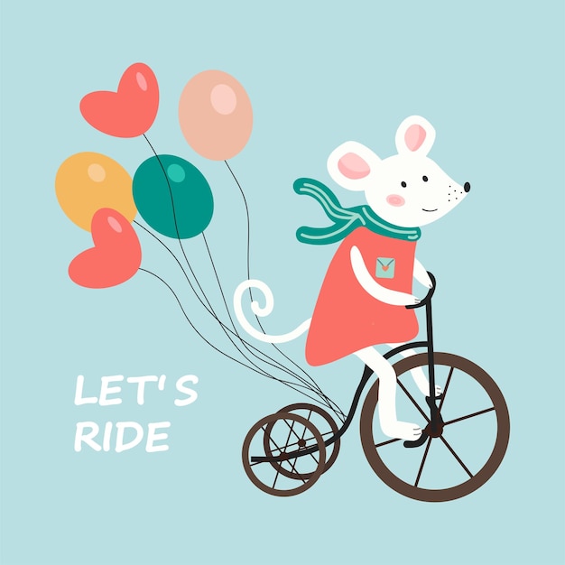 Vetor rato fofo andando de bicicleta com balões ilustração infantil desenhada à mão vamos andar