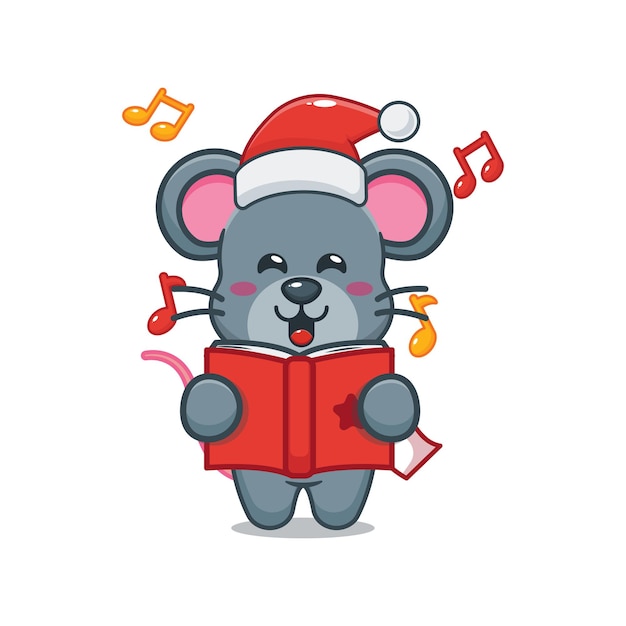 Rato fofo canta uma canção de natal ilustração fofa dos desenhos animados de natal