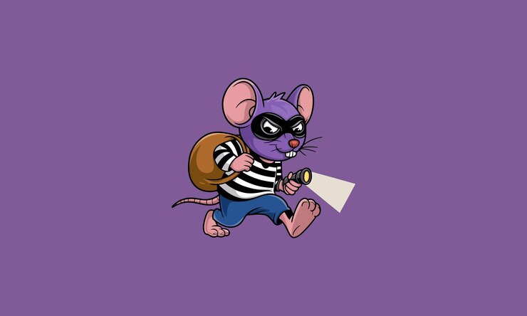 Vetor rato ladrão de desenhos animados a esgueirar-se com uma lanterna e um saco
