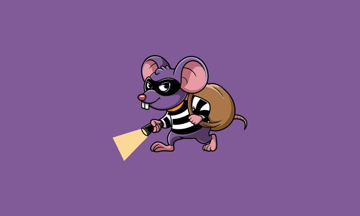 Vetor rato ladrão de desenhos animados a esgueirar-se com uma lanterna e um saco