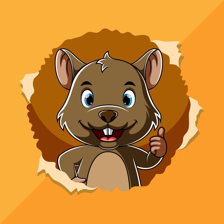 Vetor rato marrom de desenho animado em pé e sorrindo do buraco rasgado
