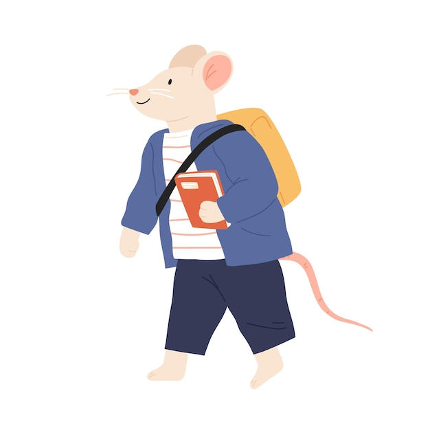 Rato ou filhote de rato em roupas com mochila. personagem infantil animalesco andando e segurando o livro dos alunos. aluno de escola bonito. ilustração em vetor plana dos desenhos animados. animal engraçado na jaqueta isolada em branco