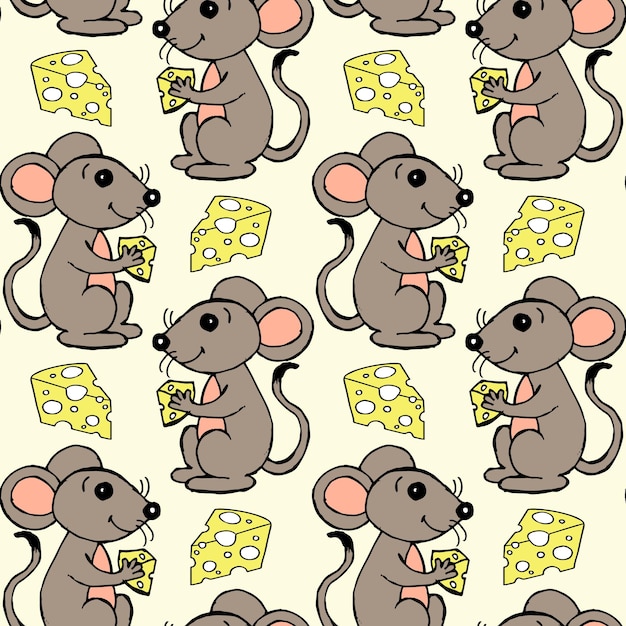 Ratos engraçados desenhados à mão sem costura padrão com queijo
