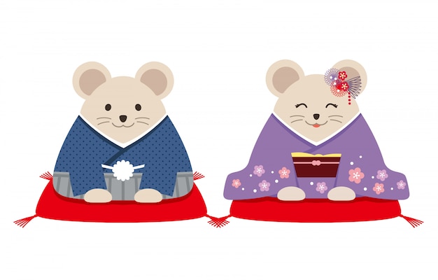Ratos personificados vestidos de quimono japonês. ilustração do vetor isolada em um fundo branco.