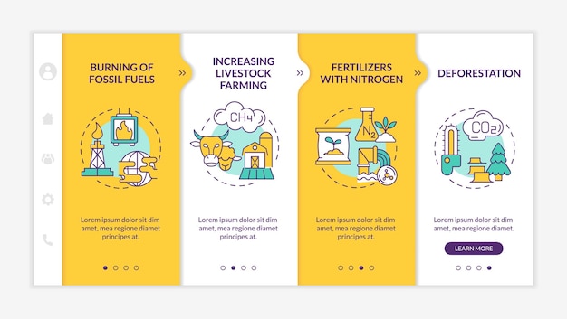 Razões para a mudança climática modelo de integração amarelo Aquecimento global Site móvel responsivo com ícones de conceito linear Passo a passo da página da Web Telas de 4 etapas LatoBold Fontes regulares usadas