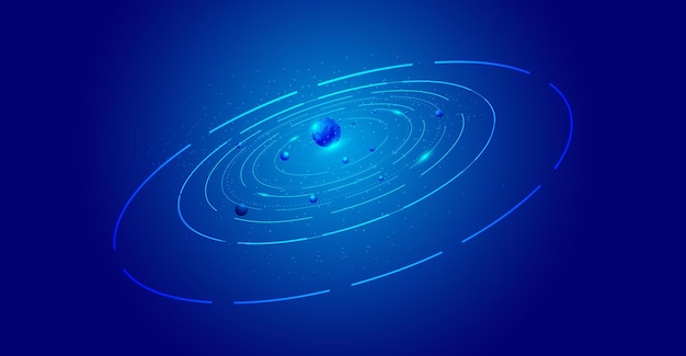 Órbita estrelada de bobina azul com planeta, fundo de vetor de tecnologia de Internet.