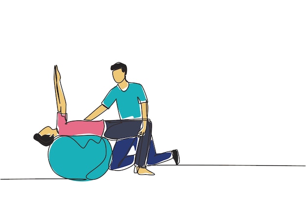 Vetor reabilitação de fisioterapia com desenho contínuo de uma linha com o paciente deitado em cima de uma bola de borracha