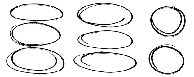 Vetor realce molduras ovais, sublinhado e borda, conjunto de círculos de marcadores desenhados à mão, ovais de rabiscos