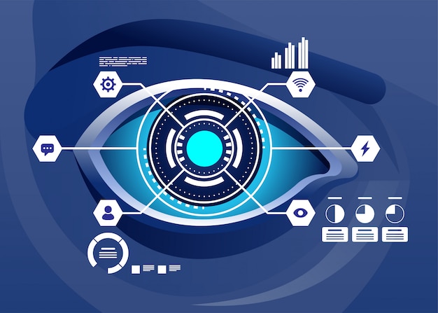 Vetor realidade aumentada e futuro conceito de tecnologia biotecnológica. holograma futurista sobre o olho olhando para gráficos virtuais. ilustração