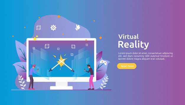 Realidade virtual aumentada com caráter de pessoas tocando a interface vr e usando óculos de proteção jogando jogo
