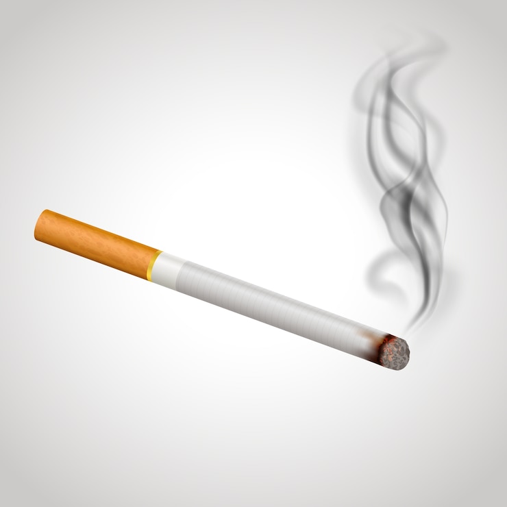Vetor realismo de um cigarro queimando emitindo fumaça