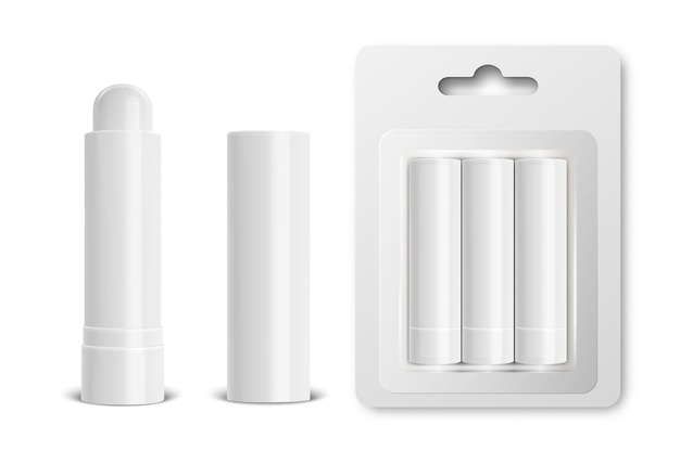 Vetor realista 3d branco em branco brilhante fechado aberto em bálsamo labial blister ou conjunto de batom higiênico