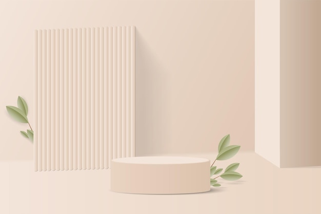 Realista 3d cilindro marrom pódio pedestal de suporte com folha de galho de árvore e fundo de forma vertical