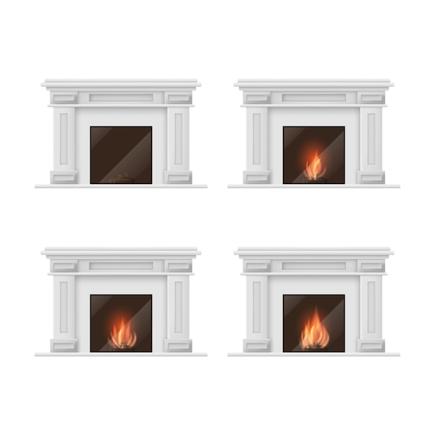 Realista detalhado 3d clássico conjunto de lareira isolado em fundo branco decoração tradicional símbolo interior de lareira vetor ilustração de conforto
