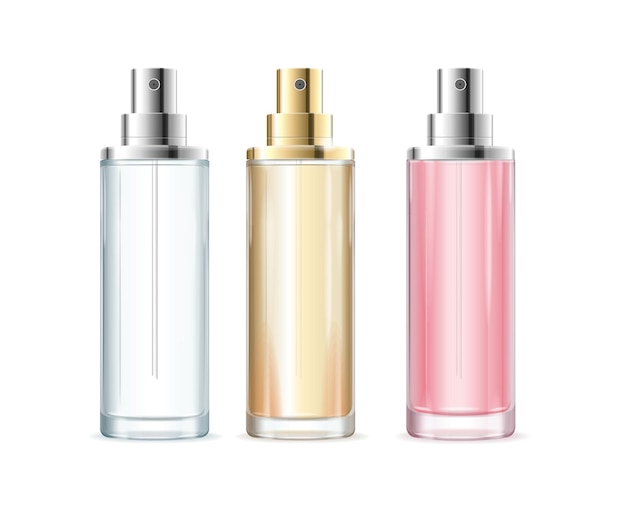 Realista detalhado 3d cor em branco frasco de perfume cosmético vazio modelo mockup conjunto ilustração vetorial de garrafas