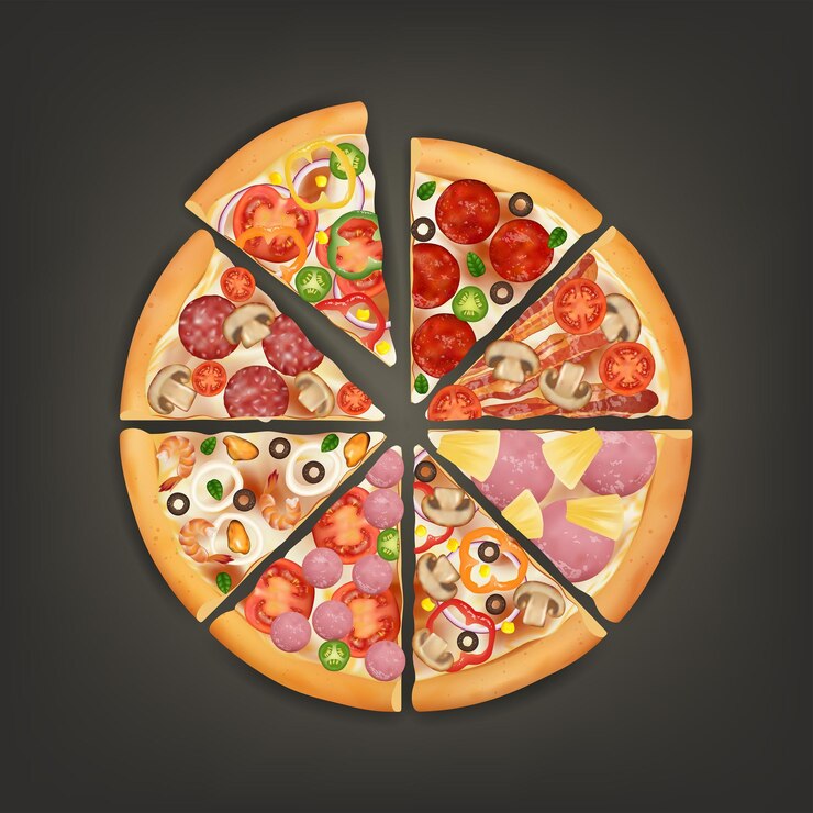 Vetor realista detalhado 3d fatia de pizza com diferentes tipos de ingredientes set vector