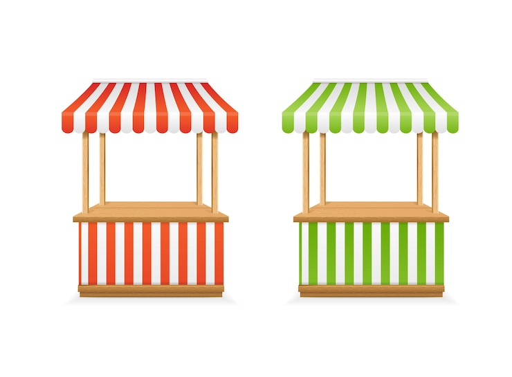 Vetor realista detalhado 3d vazio listrado mercado tenda conjunto tipo diferente para ilustração vetorial de negócios de barracas