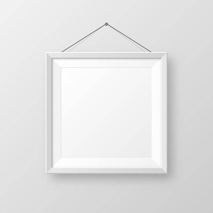 Vetor realista pendurado em uma parede em branco moldura branca com sombra moderna poster mockup isolado em fundo cinza moldura de foto vazia para galeria de arte ou ilustração vetorial interior