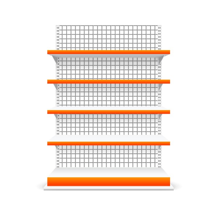 Vetor realistic detailed 3d white blank metal store shelves market rack template mockup for shop ilustração vetorial