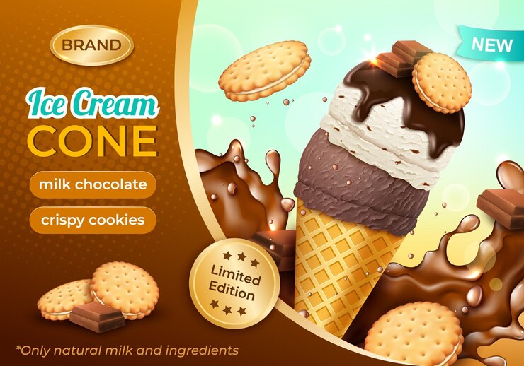 Vetor realistico detalhado 3d chocolate ao leite com biscoitos crocantes anúncios de cone de sorvete cartaz de conceito de banner