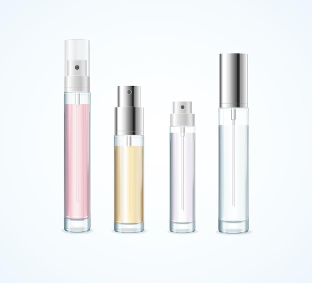 Realistico detalhado 3d diferentes cosméticos perfume garrafa testador vazio modelo mockup set vetor