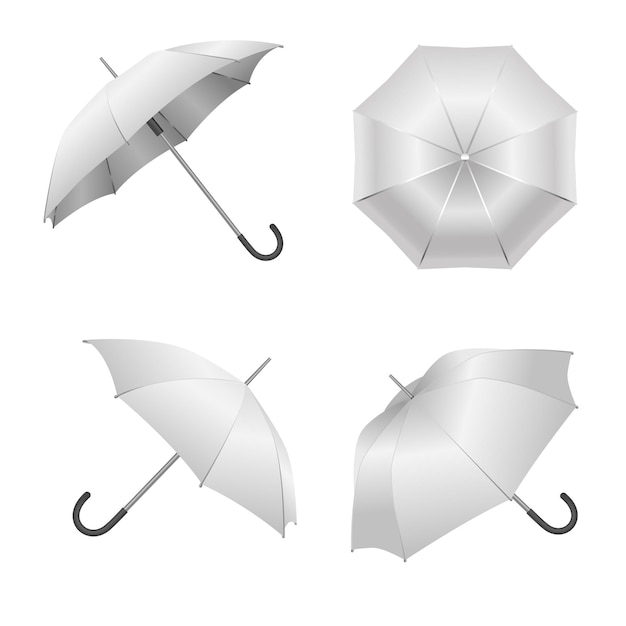 Vetor realistico detalhado 3d white blank umbrella template mockup set símbolo da estação e proteção ilustração vetorial do guarda-chuva