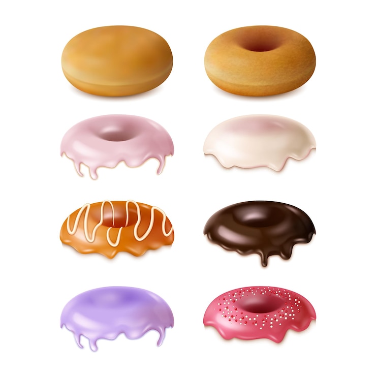 Vetor realisticos detalhados 3d diferentes tipos de esmalte para donut vector