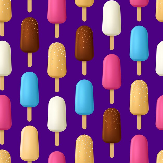 Realisticos detalhados 3D Popsicle Gelados Padrão sem costura fundo doce frio verão sobremesa comida ilustração vetorial de chocolate e gelado de baunilha