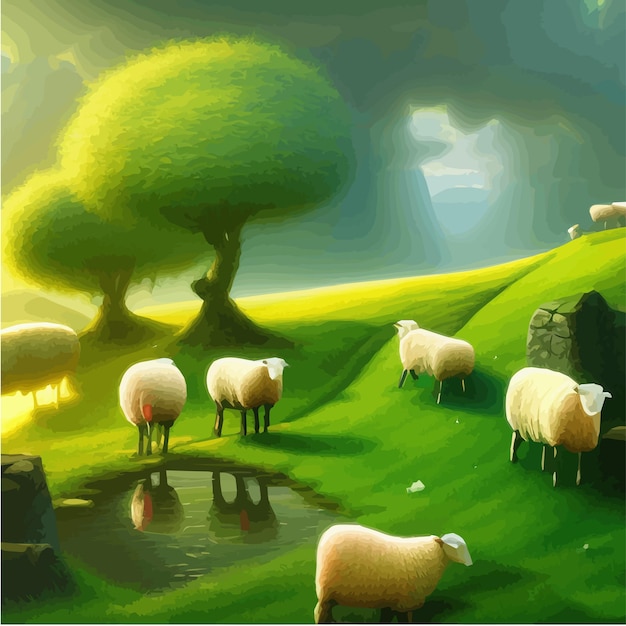 Vetor rebanho de ovelhas felizes e sorridentes pastando na paisagem de verão do prado com desenhos vetoriais de colinas verdes