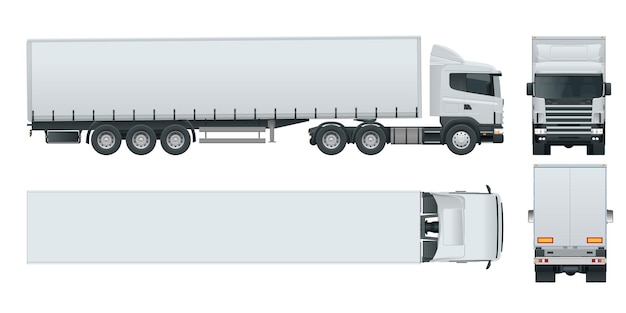 Vetor reboque de caminhão com contêiner. vetor de modelo de veículo de entrega de carga isolado em branco vista frontal, traseira, lateral, superior. carro para o transporte de mercadorias.