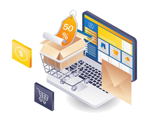 Receba descontos comprando on-line ilustração 3D isométrica plana