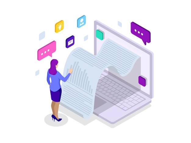 Recebimento isométrico de dados estatísticos, notificação sobre transações financeiras, banco móvel, smartphone com nota em papel. Serviços online de análise e estatística. Visualização de dados.