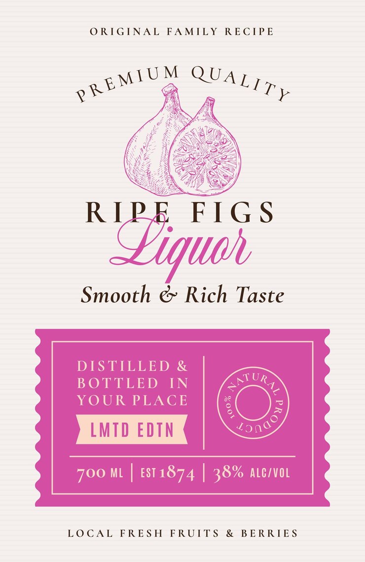 Vetor receita de família figos licor acohol rótulo abstrato vector embalagem design layout banner de tipografia moderna com logotipo de silhueta de frutas desenhadas à mão e fundo