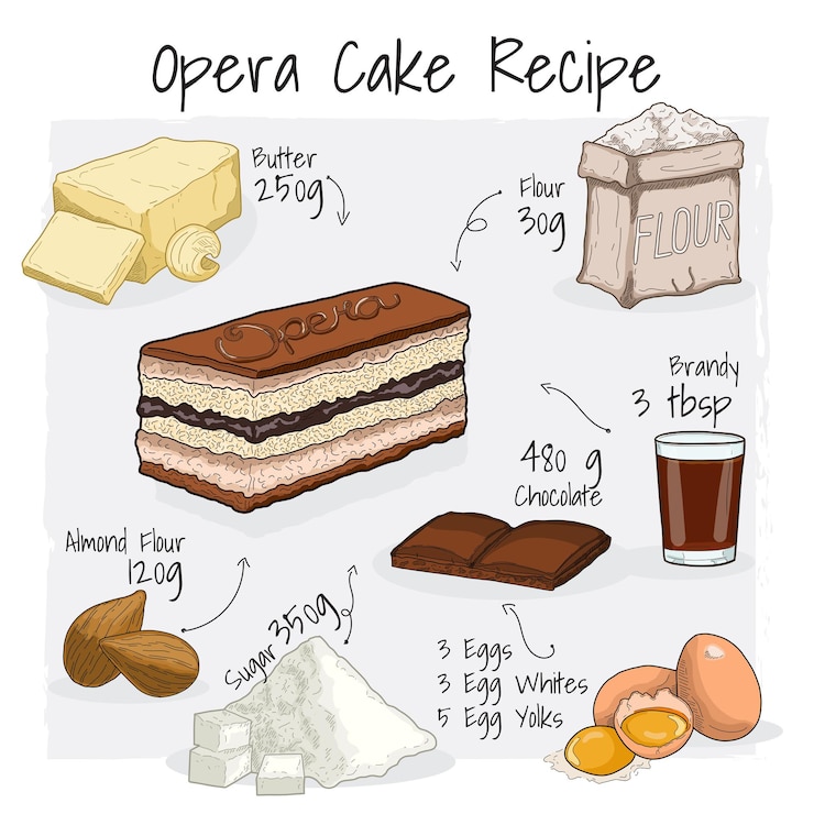 Vetor receita de ilustração de pastelaria da ópera francesa sobremesa com ingredientes